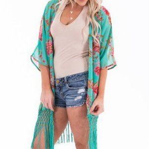 Pretty Aqua Floral Fringed Short Kimono Coverup